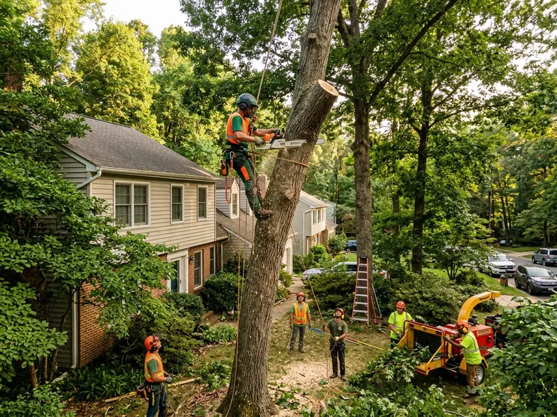 Climber sectioning a tall tree next to a house during a tree removal in Charles County, Maryland