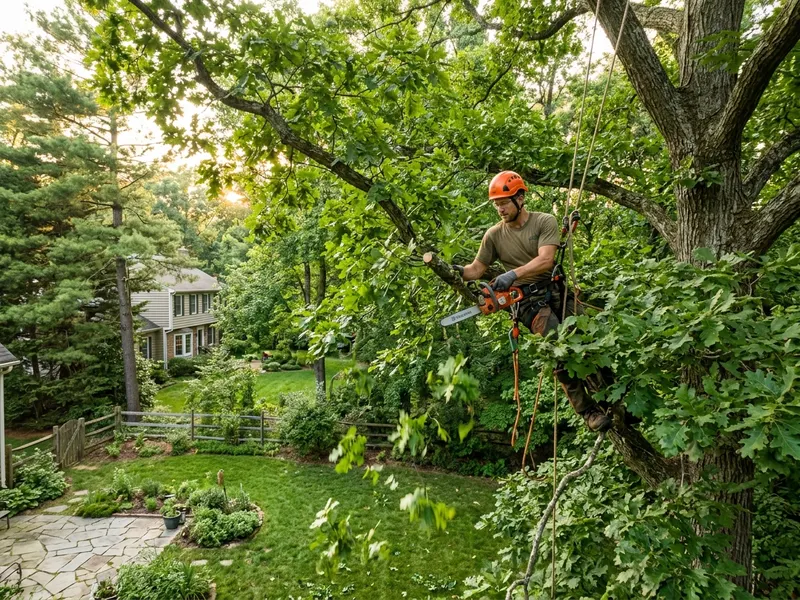 Arborist pruning and thinning the crown of a mature shade tree over a residential yard